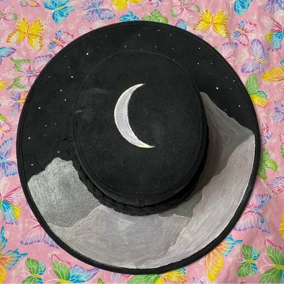 Accessories - CUSTOM BOHO HAND PAINTED WITCHY ASTROLOGICAL CONSTELLATION BLACK BRIM HAT WOMENS